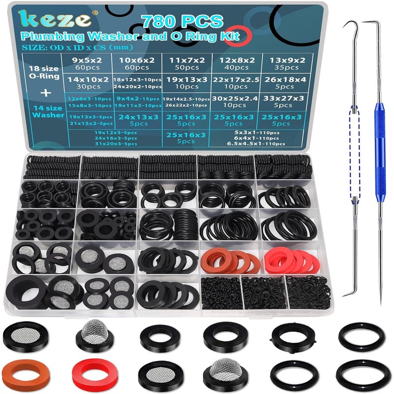 Keze 780 PCS Rubber Washer Assortment Kit 14 Size Water Hose Washers and 18 Size Nitrile O Ring Washers Set for Outside Faucet Spigot Garden Hose Pressure Washer Plumbing Repair OD 5-33MM - Image 1